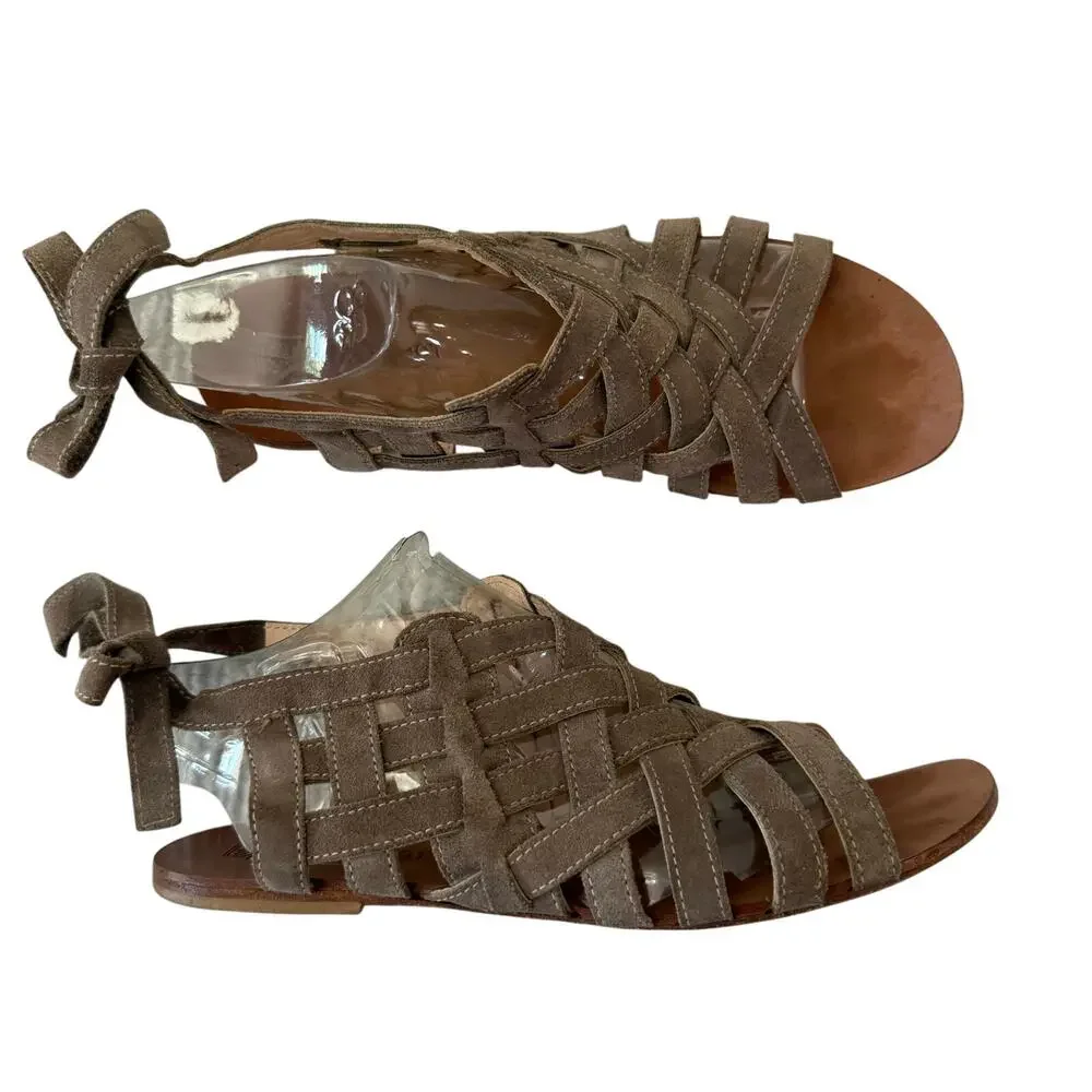 Navyboot Sandals Size 39 Tan Suede Leather Basket Weave Gladiator Ankle Tie